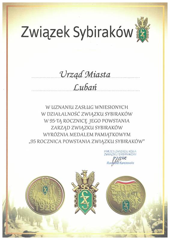 Podziękowanie Urzędowi Miasta od Związku Sybirak&oacute;w z okazji 95 rocznicy powstania ZS 